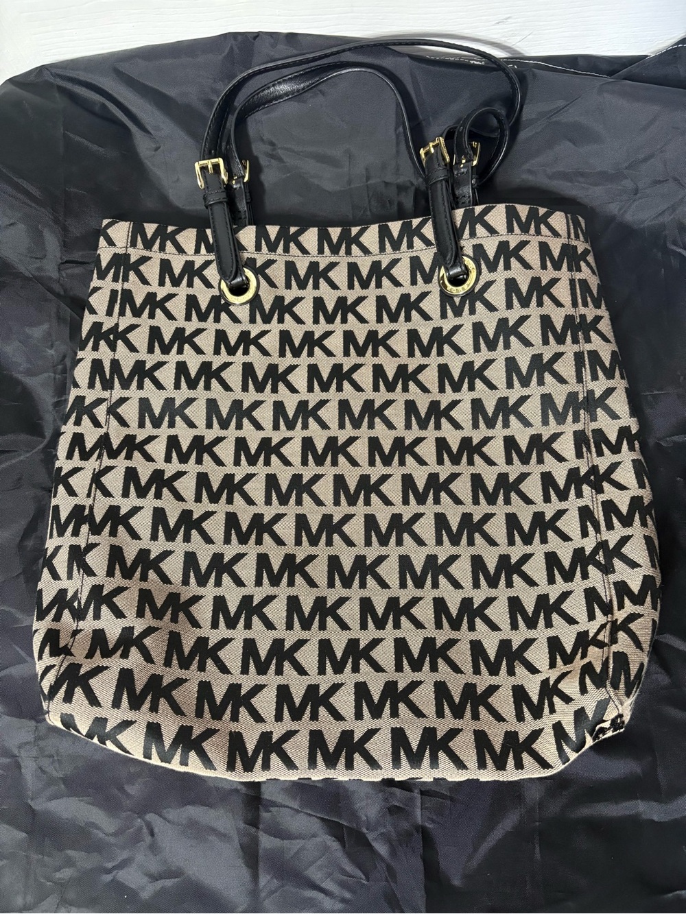 Michael Kors Black MK Logo Tote on Beige Canvas with Black Trim